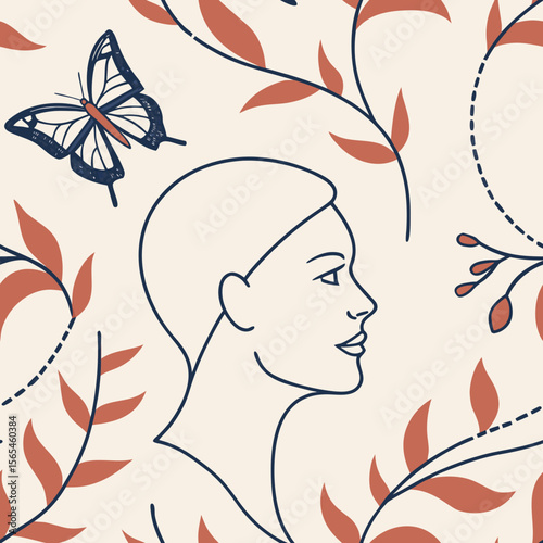 Woman, Butterfly, and Botanical Seamless Pattern