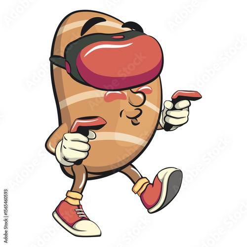 cute salted butter roll mascot cartoon vector illustration entering virtual reality with technology, bakery bread character with happy face isolated on transparant backnground, work of hand drawn