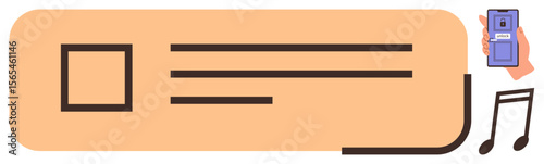 Horizontal layout with blocks suggesting a player interface, hand holding a device, and musical notes. Ideal for technology, entertainment, interface design, app concept, music streaming, simplicity