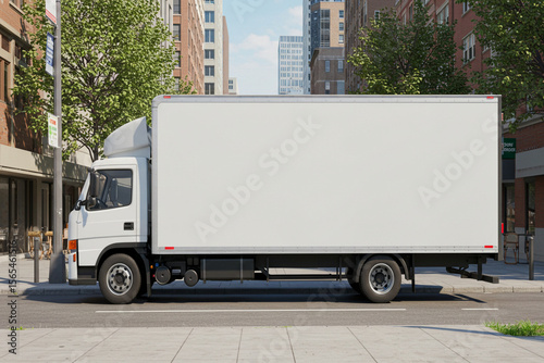 Photorealistic city street scene with a delivery truck featuring a blank white trailer, perfect for vehicle branding mockups. Urban background with buildings and light traffic in daylight.