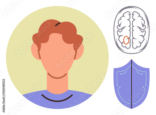 Human face with brain diagram highlighting a focal area, paired with a shield. Ideal for mental health, psychology, protection, neuroscience, wellness, safety innovative therapy concepts. A simple