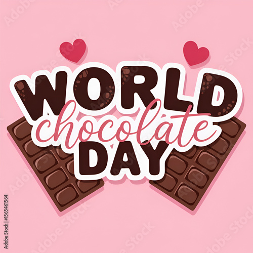 World Chocolate Day Celebration with Chocolate Bars and Hearts on Pink Background