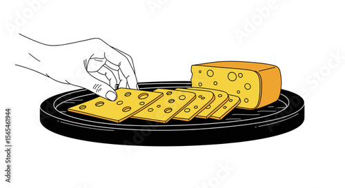 Hand picking slices of Parmesan cheese from a black plate on white background, gourmet food concept