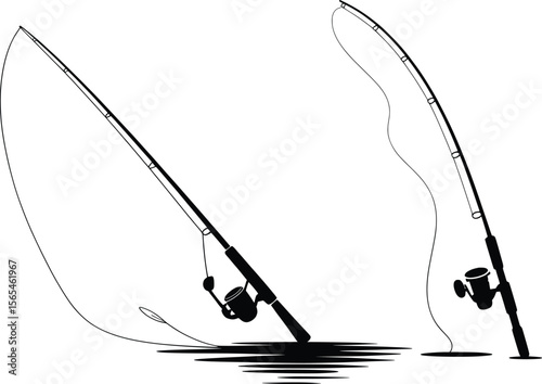 Fishing Rod Silhouette Vector, Black and White Angler Pole Illustration


