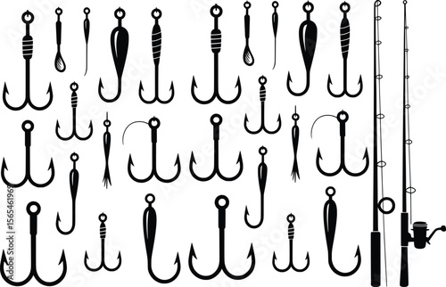Fishing Hook and Rod Silhouette Set for Angling and Tackle Design.