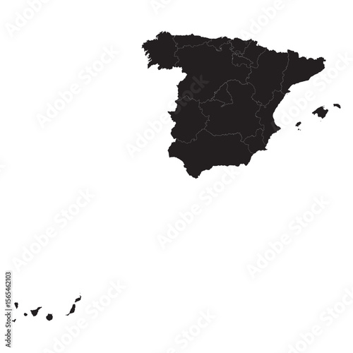 vector map silhouette of spain with internal borders, black isolated country outline on white background

