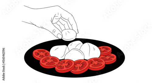 Hand placing mozzarella balls on sliced tomatoes on a black plate, healthy appetizer concept