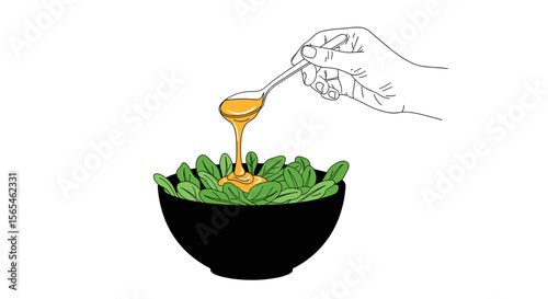 Hand drizzling oil over a bowl of fresh spinach leaves on white background, healthy salad dressing concept
