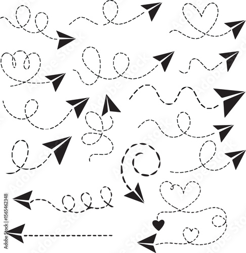 Paper Plane Doodle Set and Travel Path Icons – Vector Illustration

