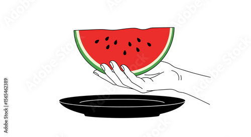 Hand holding a slice of watermelon over a black plate on white background, refreshing summer snack concept