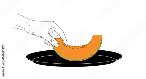 Hand holding a slice of cantaloupe melon over a black plate on white background, healthy summer snack concept