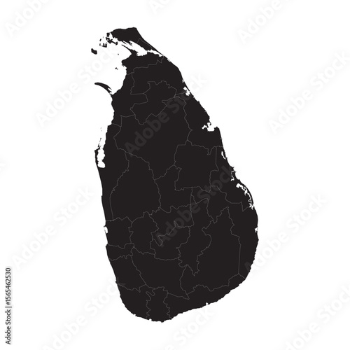 vector map silhouette of sri lanka with provincial or district borders, black outline on white background

