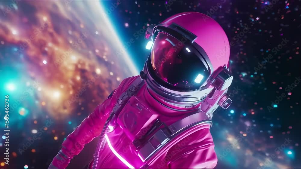  A futuristic astronaut wearing a stylish pink suit with an American flag patch drifts through space.