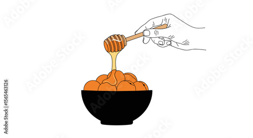 Hand drizzling honey over a bowl of apricots on white background, healthy dessert concept