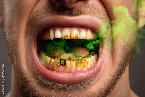 Unpleasant dental condition causing discoloration and foul odor in an open mouth