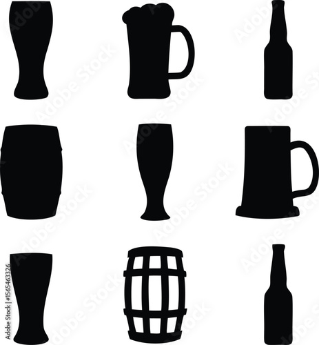 Silhouette of Various Beer Mugs and Bottles with Classic Shapes