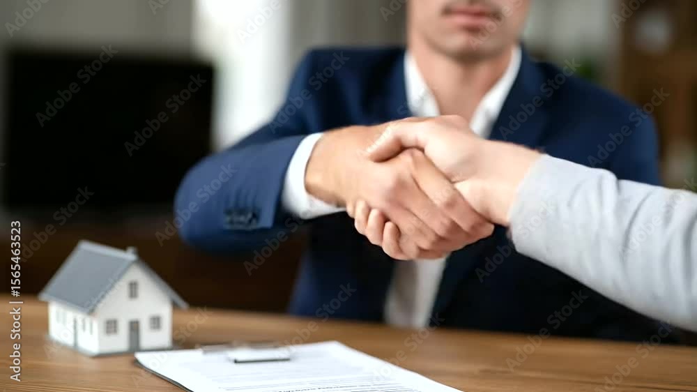 Smiling client and well-dressed real estate agent complete deal with handshake, symbolic house model and mortgage agreement on tabletop.