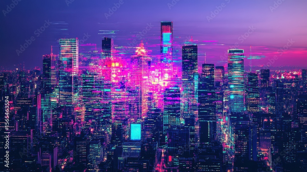 Obraz premium Colorful cityscape at night with digital overlays.