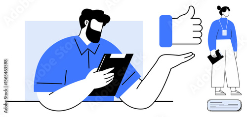Man with clipboard gesturing, large thumbs-up icon and lady holding documents. Ideal for teamwork, feedback, approval, remote work, modern office scenarios, productivity tips, simple flat metaphor