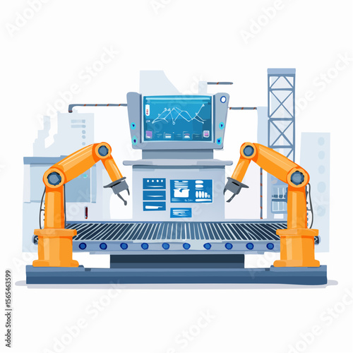 Vector illustration of a smart factory with automated robotic arms, conveyor belts, and digital screen