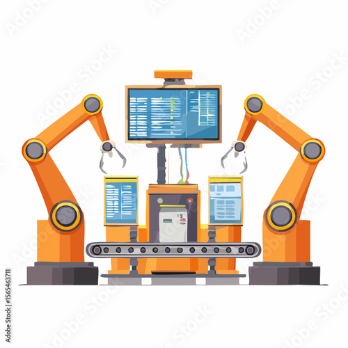 Vector illustration of a smart factory with automated robotic arms, conveyor belts, and digital screen