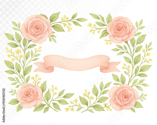 Romantic floral watercolor frame with soft pink roses, green leaves, and pastel ribbon in elegant delicate style for invitations, greeting cards, wedding or festive decoration. Vector illustration.