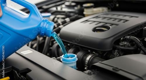Adding Coolant to Car Engine - Close-up of blue coolant being poured into a car's engine coolant reservoir. Automotive maintenance