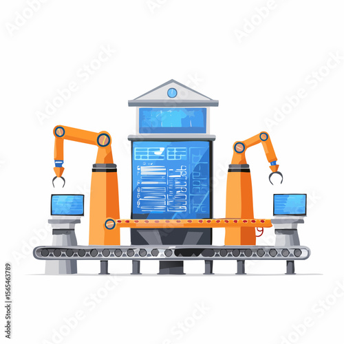 Vector illustration of a smart factory with automated robotic arms, conveyor belts, and digital screen