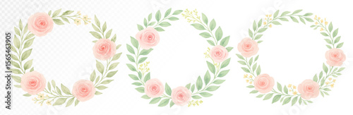 Set of watercolor floral wreaths with soft pink roses and green foliage in elegant hand-painted style for romantic wedding invitations, greeting cards, and festive decorations. Vector illustration.