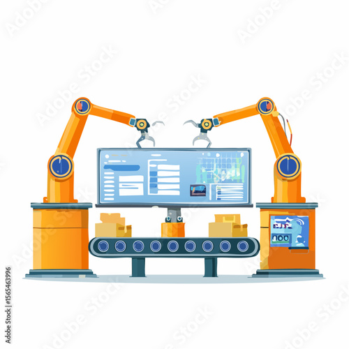 Vector illustration of a smart factory with automated robotic arms, conveyor belts, and digital screen