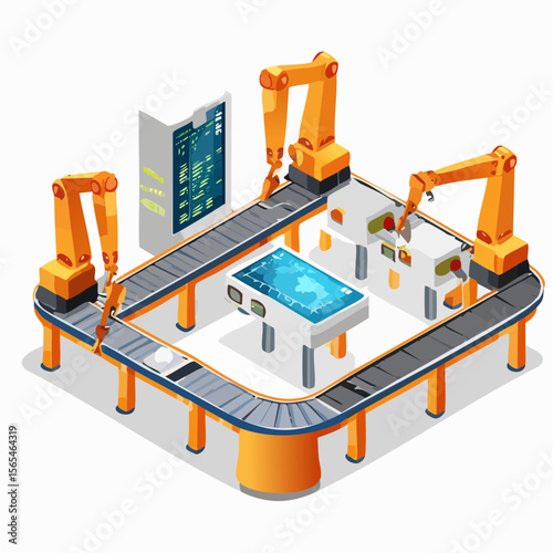 Vector illustration of a smart factory with automated robotic arms, conveyor belts, and digital screen