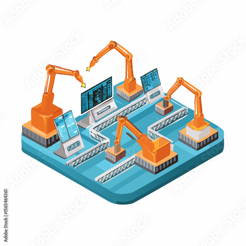 Vector illustration of a smart factory with automated robotic arms, conveyor belts, and digital screen