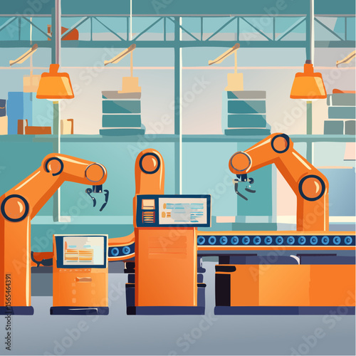 Vector illustration of a smart factory with automated robotic arms, conveyor belts, and digital screen