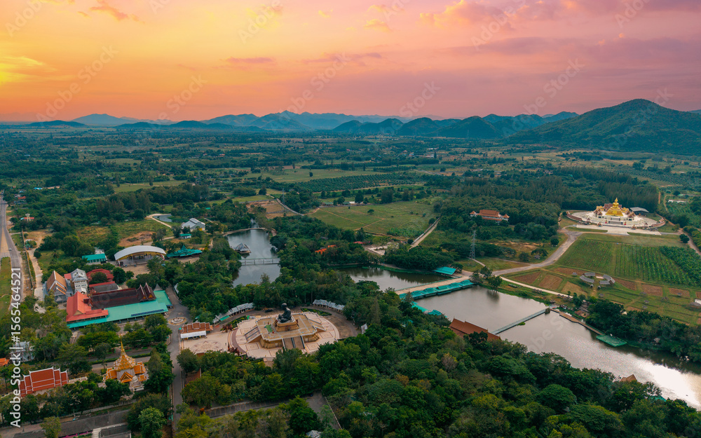 Fototapeta premium Aerial view of huay mongkol temple at sunset in hua hin, thailand