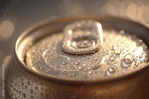 An extreme close-up of a cold beverage can, glistening with condensation droplets under warm, golden lighting