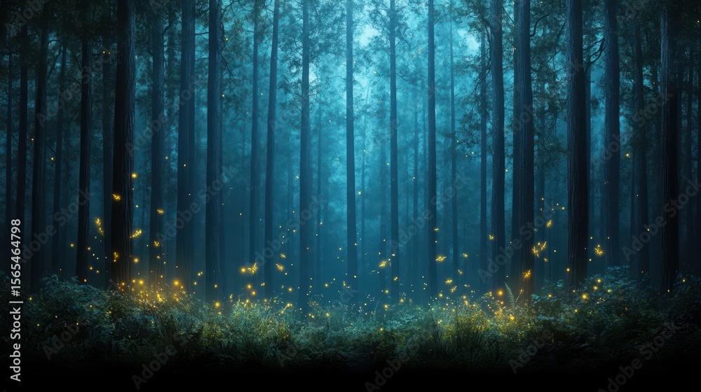 Fototapeta premium Enchanted Forest: A captivating scene of a tranquil, mysterious forest, with sunlight filtering through towering trees, creating an ethereal atmosphere.