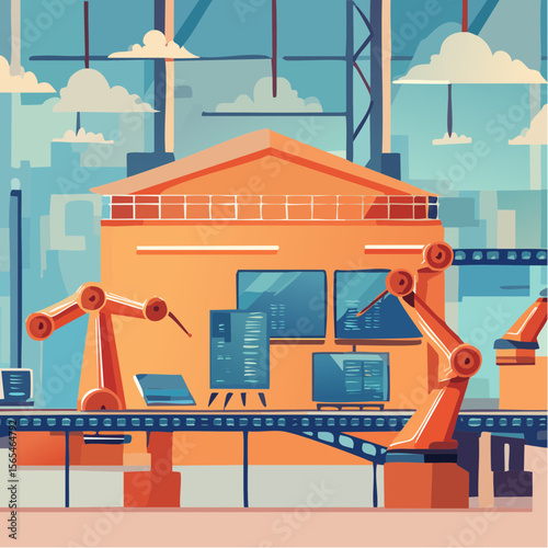 Vector illustration of a smart factory with automated robotic arms, conveyor belts, and digital screen