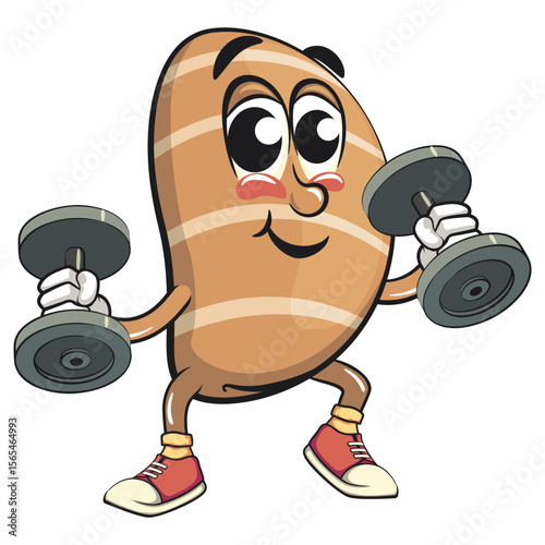 cute salted butter roll mascot cartoon vector illustration doing barbell lifting workout, bread character with happy face isolated on transparant backnground, work of hand drawn