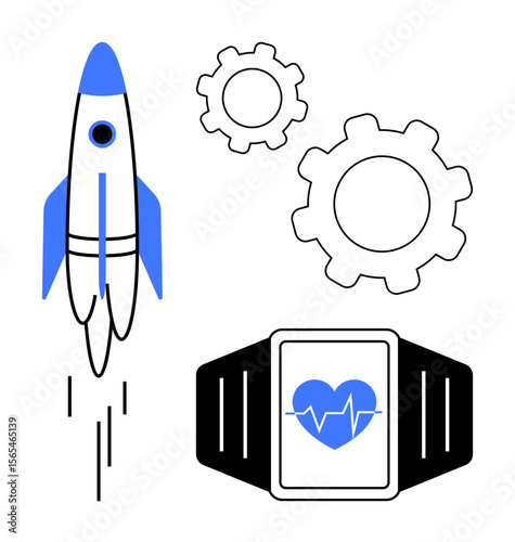 Rocket blasting off, smartwatch tracking heartbeat, and mechanical gears symbolizing progress, tech, creativity, automation. Ideal for technology, startup, health tech innovation wearables