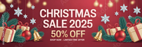 Christmas Sale 2025 50 percent Off Banner Red Background 3 D Gifts Bells Snowflakes Web Banner Design Ready Jpg Custom Size Social Media