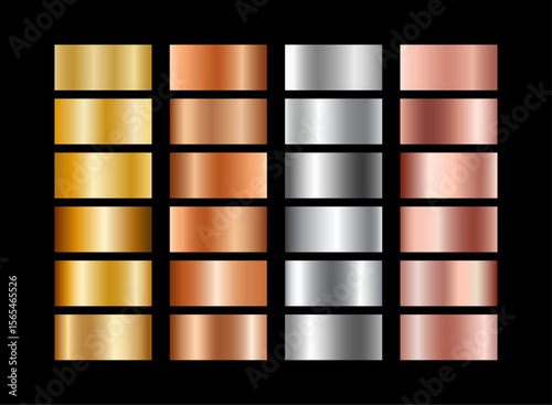 Set of metal gradients, gold, bronze, silver, white gold, rose gold. Palette. Material foil. Hologram texture. Border. Aluminum. Luxury effect. Gradation. Texture chrome. Platinum bokeh. Vibrant color