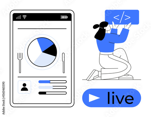Woman presenting a coding block, mobile screen displaying pie chart, user profile, progress bars, and live button. Ideal for technology, education, coding, digital products app design teamwork