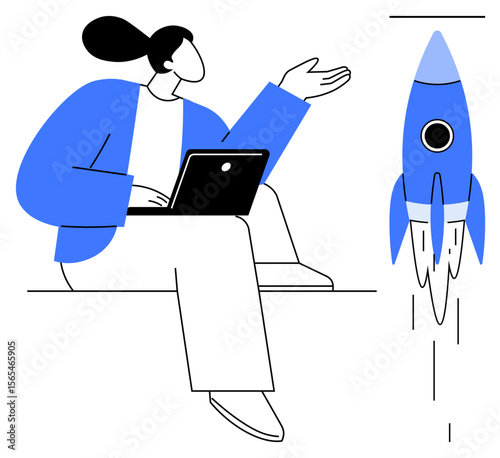 Person with laptop gesturing towards ascending rocket, symbolizing startup growth, innovation, and progress. Ideal for entrepreneurship, strategy, technology, teamwork, aspirations success simple