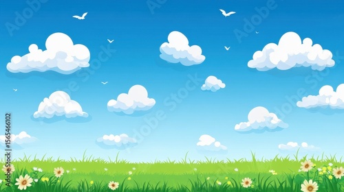 A vibrant outdoor scene featuring a bright blue sky adorned with fluffy white clouds and lush green grass. This serene landscape conveys a sense of tranquility and joy.
