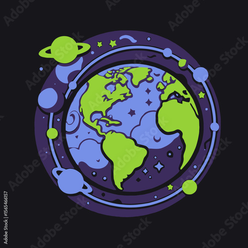Colorful Cartoon Earth with Planets and Stars-A Fun Space Illustration-Educational Art for Kids-Exploring Our World-Discovering The Universe-Creative Design