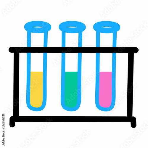 Colorful flat style test tubes with different liquid colors in a rack. Perfect for chemistry, lab tools, science experiments, and kids’ education visuals.