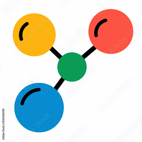 Flat style colorful molecule structure in red, yellow, blue, and green. Ideal for chemistry, biology, and educational science infographics.
