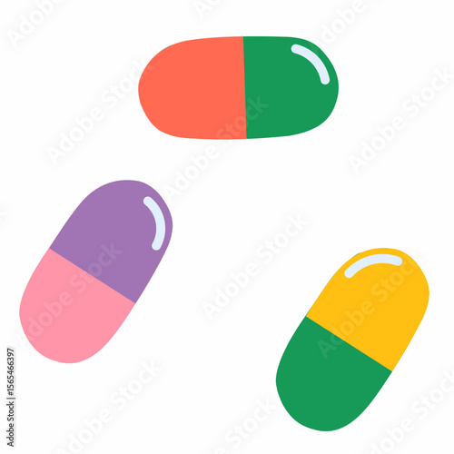 Flat colorful capsules and pills in red, green, yellow, and purple. Great for health, pharmacy, biology, or educational posters about medicine and science.