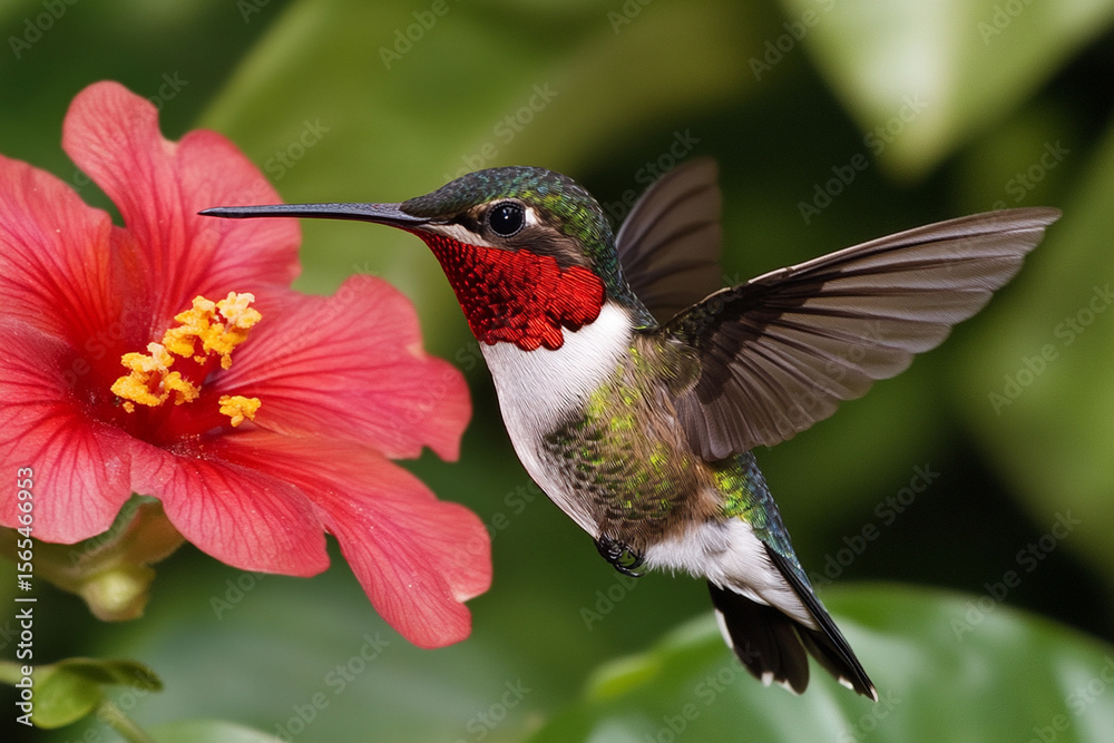 Fototapeta premium Hummingbird drinking nectar from a vibrant red blossom in nature