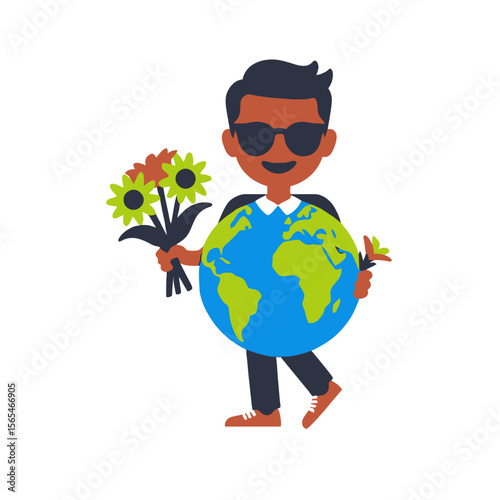 Earth Day-Child-Holding-Globe-Flowers-Environment-Love-Planet-Care-Save-Our-World-Boy-Kids